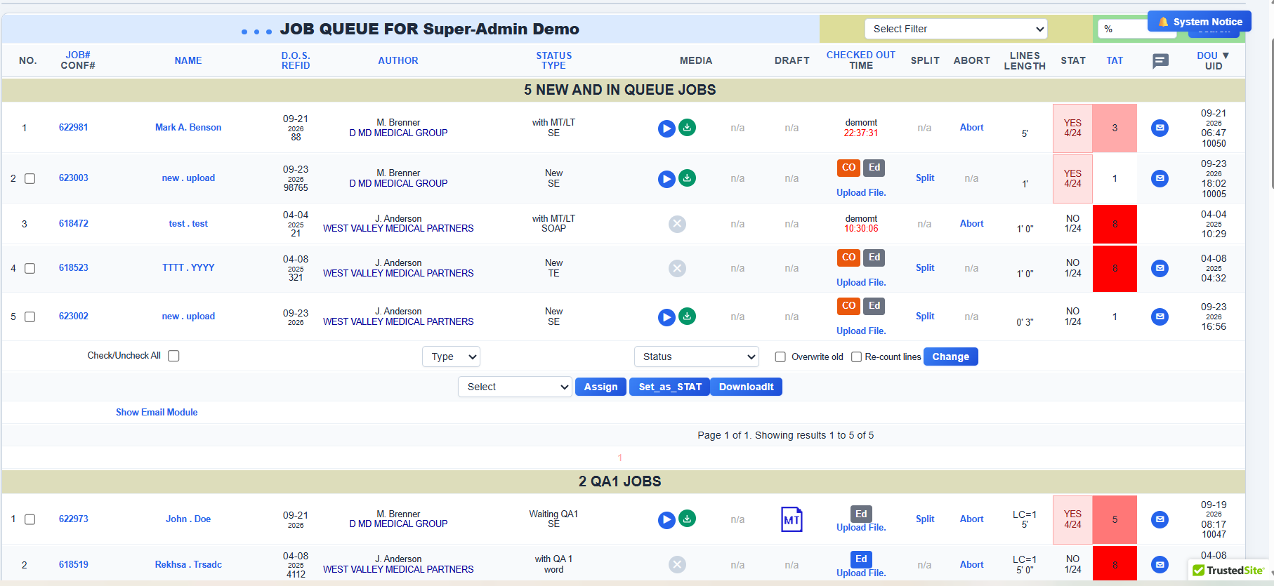 Job queue showing QA review levels