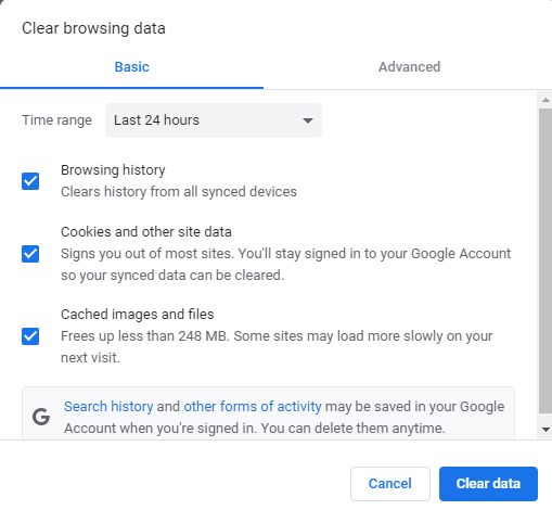 Clear Browser Data dialog